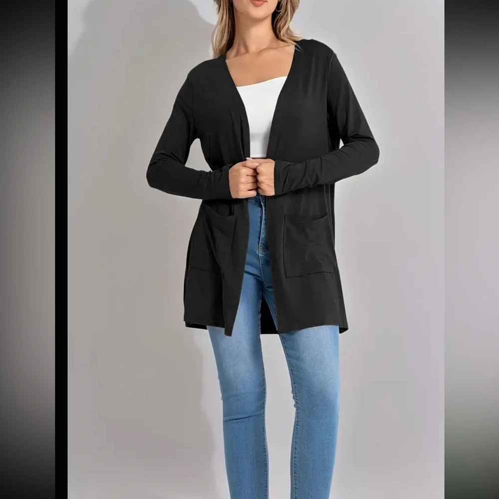 New Black longer style cardigan sweater with pockets womens XL 16 18 - Picture 4 of 6